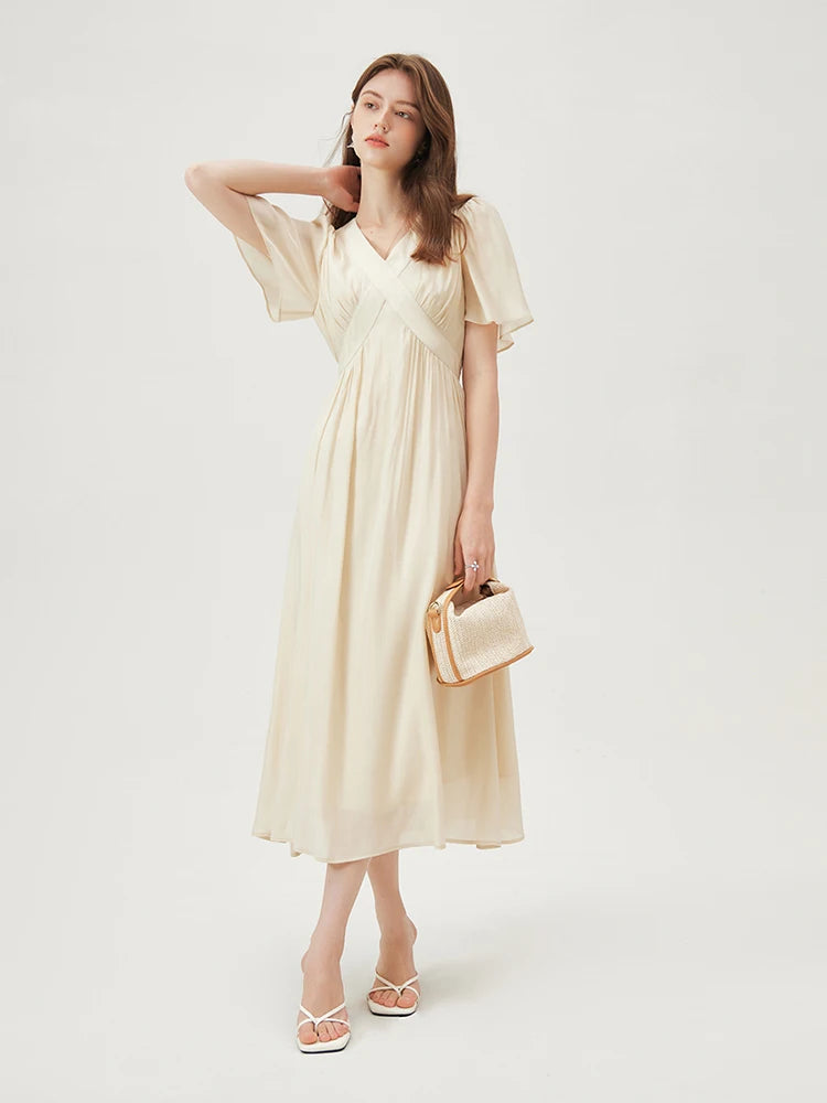 FSLE Women Flying Sleeve Temperament Long X-LINE Dress French V-neck Black Dress Office Lady Solid Dress