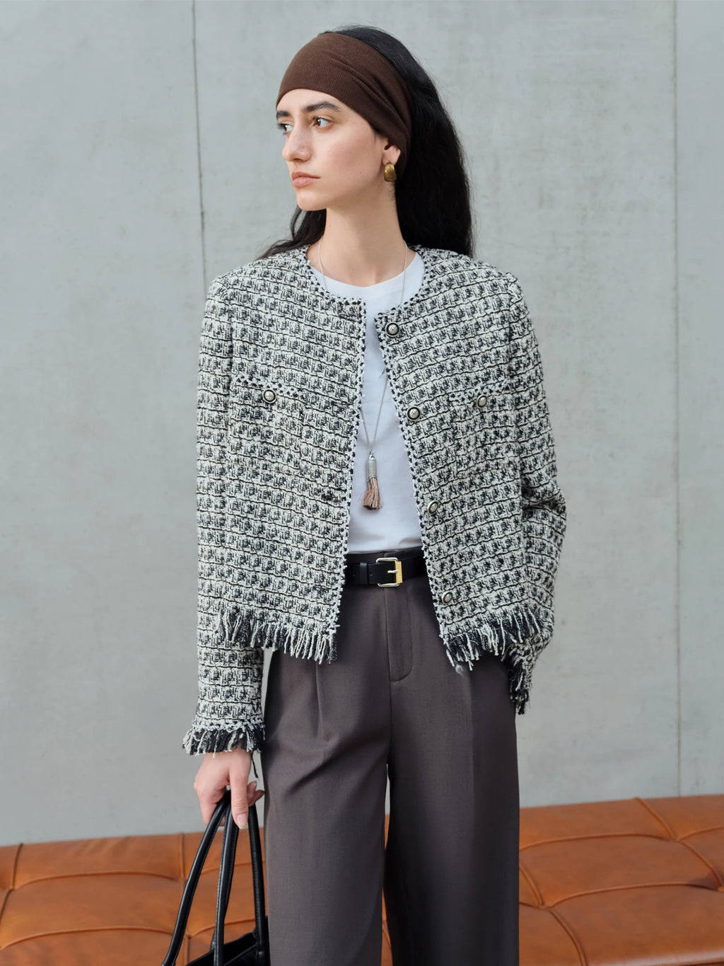 ZIQIAO Petite Plaid Tweed Jacket for Women 2025 Autumn New Chic Short Coat French Style Elegant Office Blazer Casual Outerwear