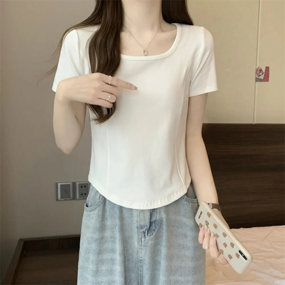 Square Neck Fishbone Short Sleeve T-Shirt Women's Korean 2024 Summer Slim Fit Short Style Hot Girl Collarbone Right Shoulder Top