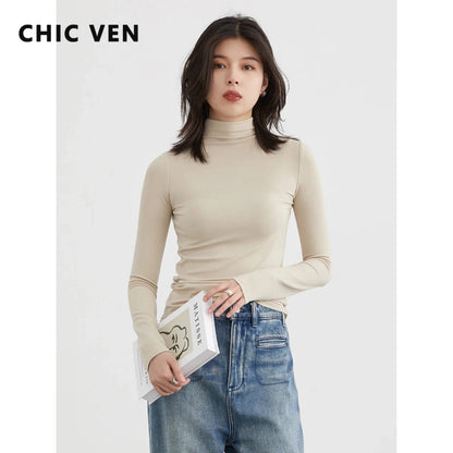 CHIC VEN Women T-shirt New Solid Woman Tees Undershirt Slim Fit Female Tops Office Ladies Clothing Spring Autumn 2023