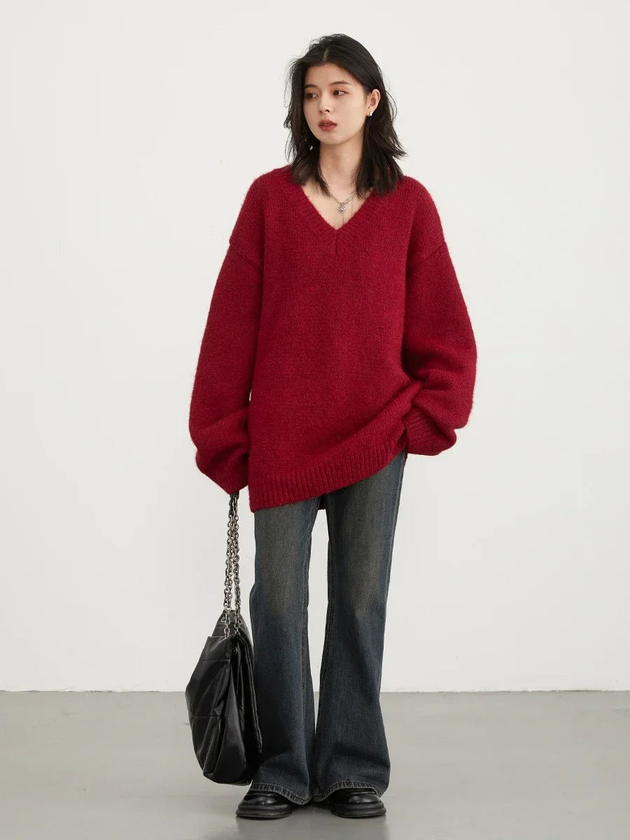 CHIC VEN Women Sweaters Korean Solid Loose V-neck Knitted Pullovers Fashion Ladies Tops Female Clothing Autumn Winter New 2024