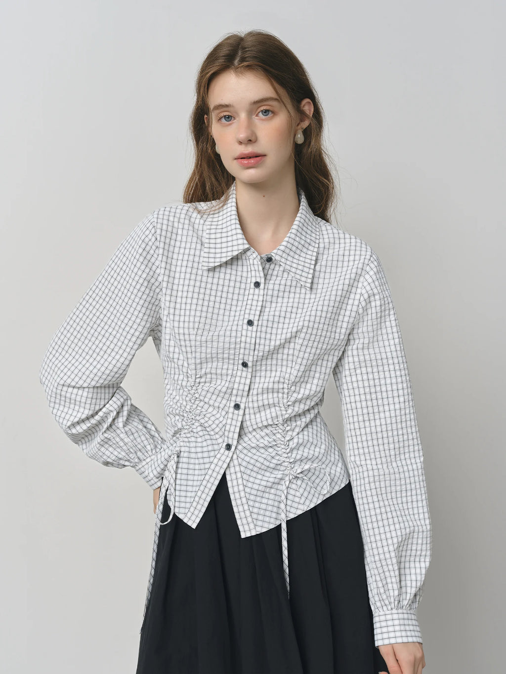 FSLE Autumn 2025 Women's Plaid Long Sleeve Shirt - Preppy Style Waist Tie Drawstring Adjustable Fit Casual Blouse Tunic Top