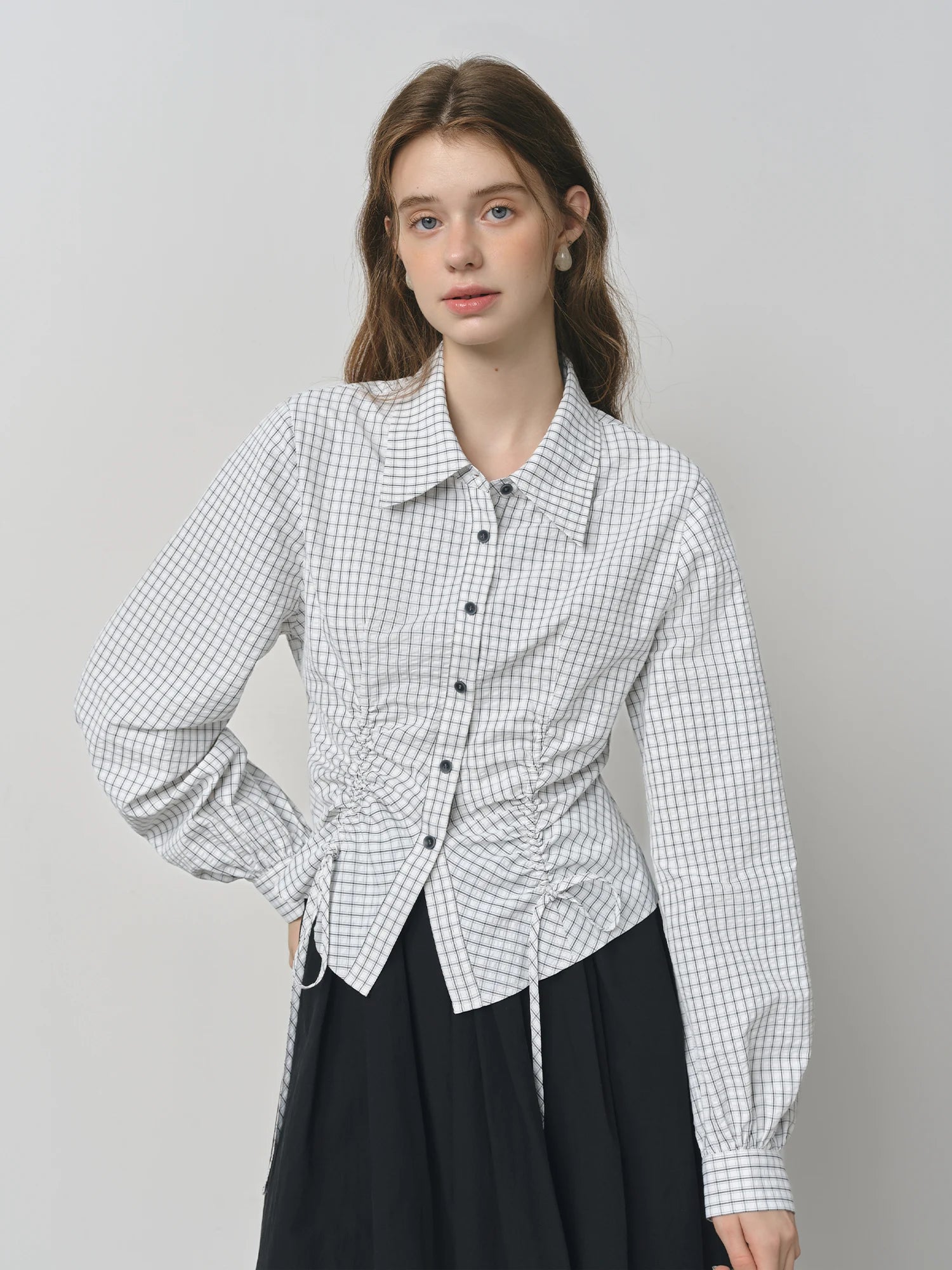 FSLE Autumn 2025 Women's Plaid Long Sleeve Shirt - Preppy Style Waist Tie Drawstring Adjustable Fit Casual Blouse Tunic Top