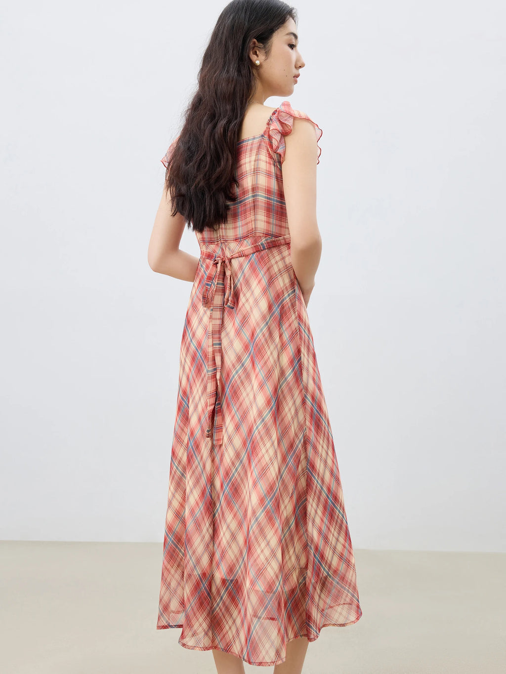ZIQIAO Petite Red Gingham Chiffon Maxi Dress 2025 Summer Waist-Defining Tropical Resort Day-to-Night Elegance Dress