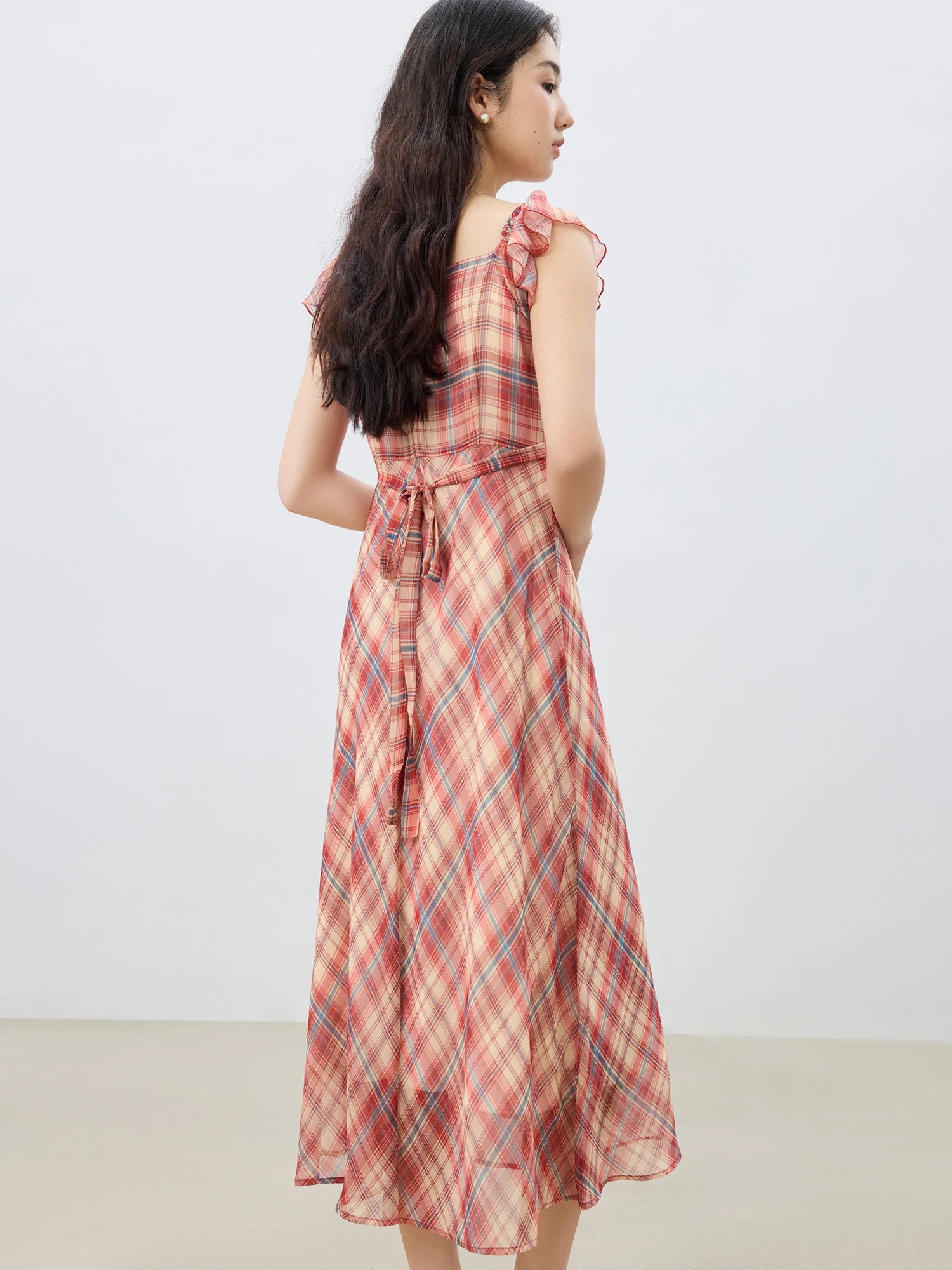 ZIQIAO Petite Red Gingham Chiffon Maxi Dress 2025 Summer Waist-Defining Tropical Resort Day-to-Night Elegance Dress