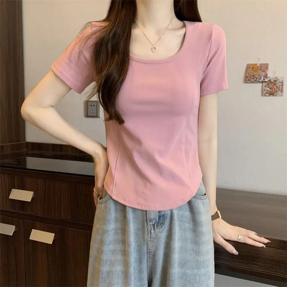 Square Neck Fishbone Short Sleeve T-Shirt Women's Korean 2024 Summer Slim Fit Short Style Hot Girl Collarbone Right Shoulder Top