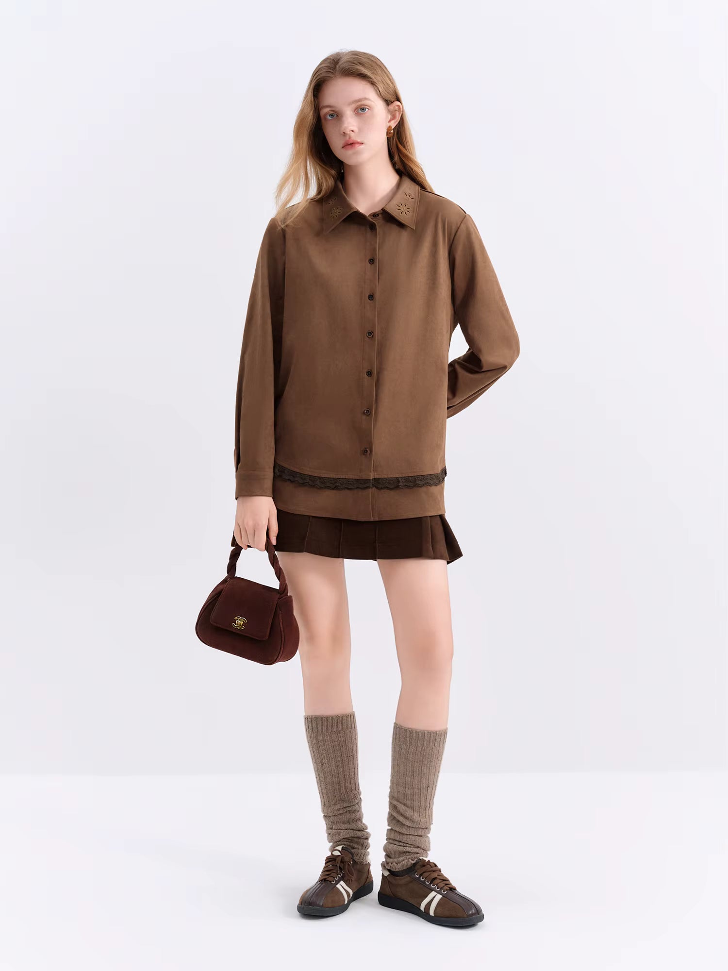 Vintage Suede Stylish Turned Collar Women's Blazer Cut-Out Embroidery Fall Winter 2025 New Arrival chic Winter Shirts Coats