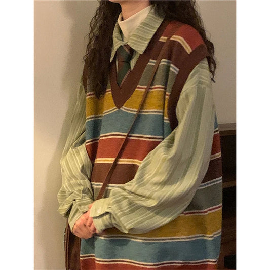 Vintage Striped Sweater Vest Women Harajuku Sleeveless Knitted Pullovers Streetwear Oversized Waistcoat Knitwear Korean Jumpers