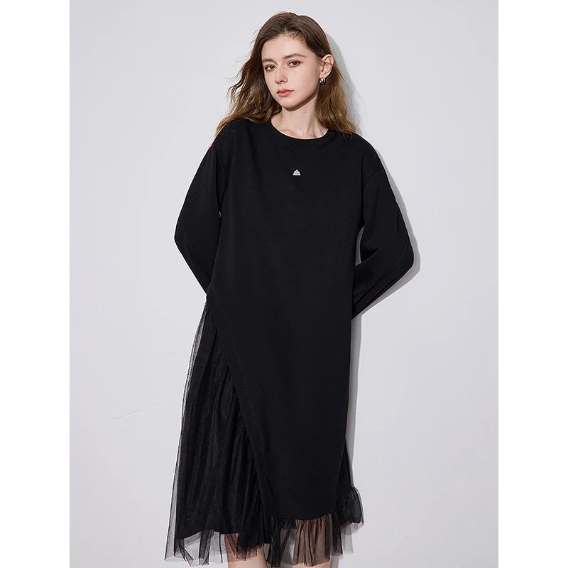 TOYOUTH Women Dress 2024 Autumn Winter New Mesh Splicing Round Neck Long Sleeve Casual Dress Black