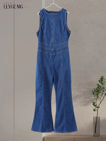 Vintage Denim Playsuit Women Slim O-neck Sleeveless Zipped Love Hollow Out Jumpsuit Female Summer Casual Suit Lady High Street