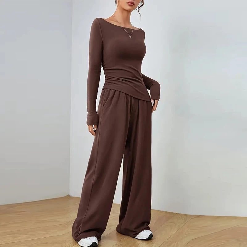 Women Two Piece Sets Pajama Set Sexy V-neck Long Sleeve Shirts Loose High Waist Wide Leg Pant Sets Lady Sleepwear Tracksuits