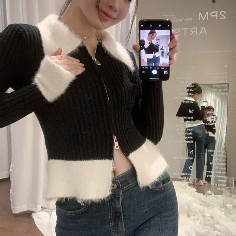 Rimocy Patchwork Turn Down Collar Cardigan Women Korean Fashion Zipper Up Cardigans Woman Chic Long Sleeve Slim Jumpers Female