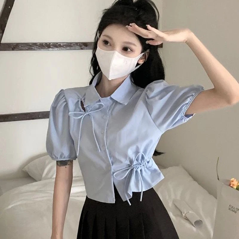 GIDYQ Elegant Women Bow Shirt Korean Fashion Design Chic Tops Y2K Casual Female All Match Puff Sleeve Shirt Summer New