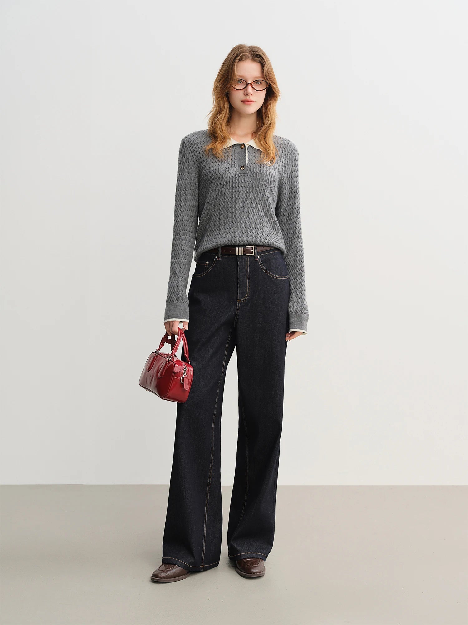 DUSHU 2025 Women's Knit Rib Collar Top - Relaxed Fit Polo Style Versatile Pullover Autumn Casual Blouse Textured Fabric