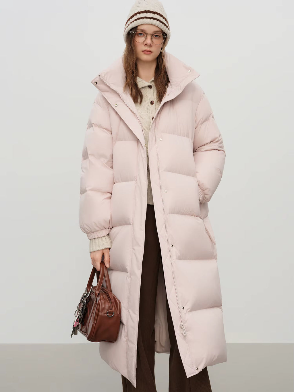 2025 Winter Women's Long Down Coat Stand Collar Hood Straight Cut Thermal Puffer Warm Windproof Outerwear for Cold Weather