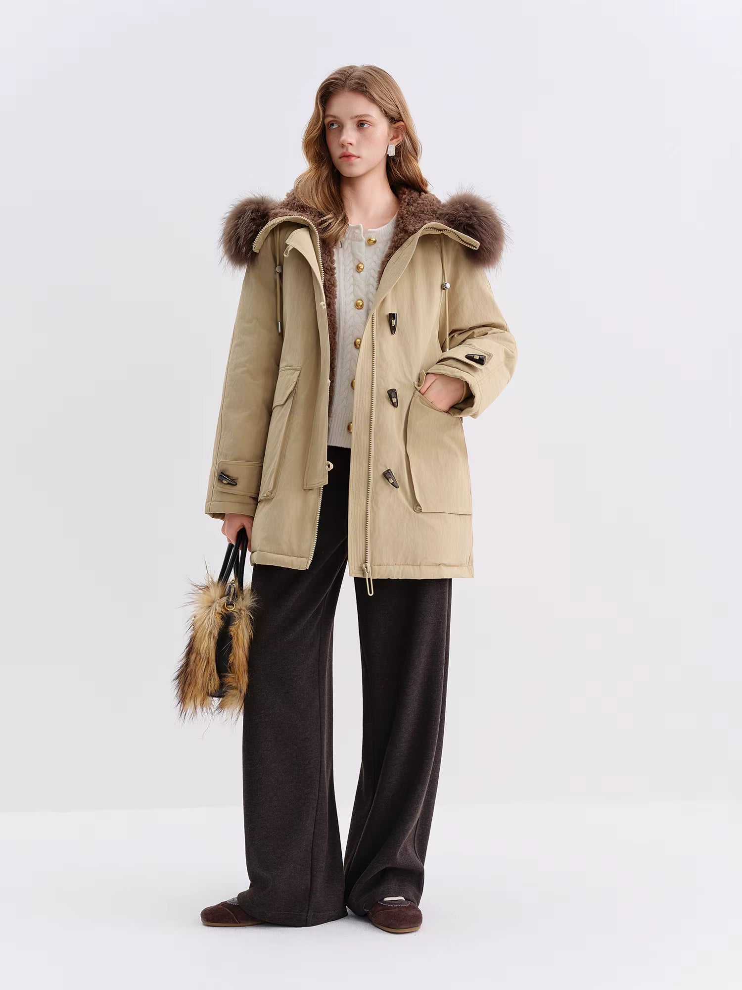 Raccoon Dog Fur-Lined Collar Parka Mid-Length Down Jacket for Women Winter 2025 New Arrival Keep Warm Khaki Down Coat