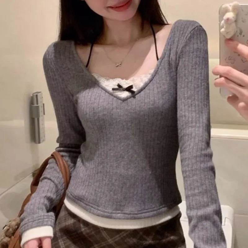 Skinny T-shirts for Women Long Sleeve Gray Lace Design Bow Sweet Girls Spring Tops All-match Korean Style Young Fashion Fit Ins