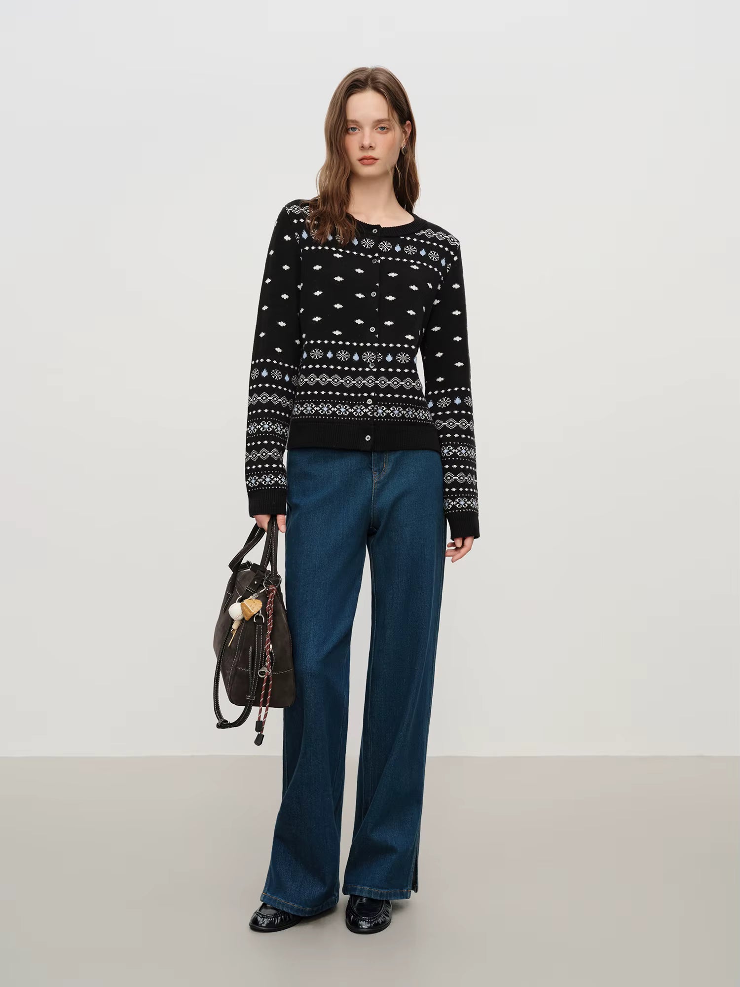 High-Waisted Black Wide-Leg Jeans with Slit Detail, Women's Fashion Casual Stretch Denim Trousers