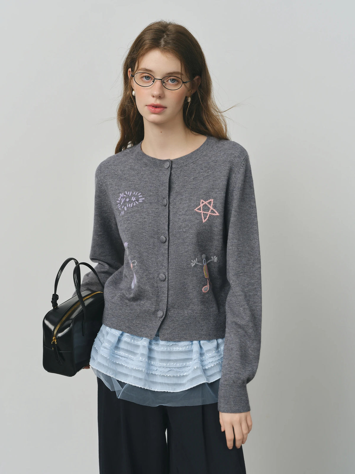 FSLE Embroidered Cute Long Sleeves Chic Cardigan Sweater for Women 2025 Autumn New Arrival Style Warm Cardigan