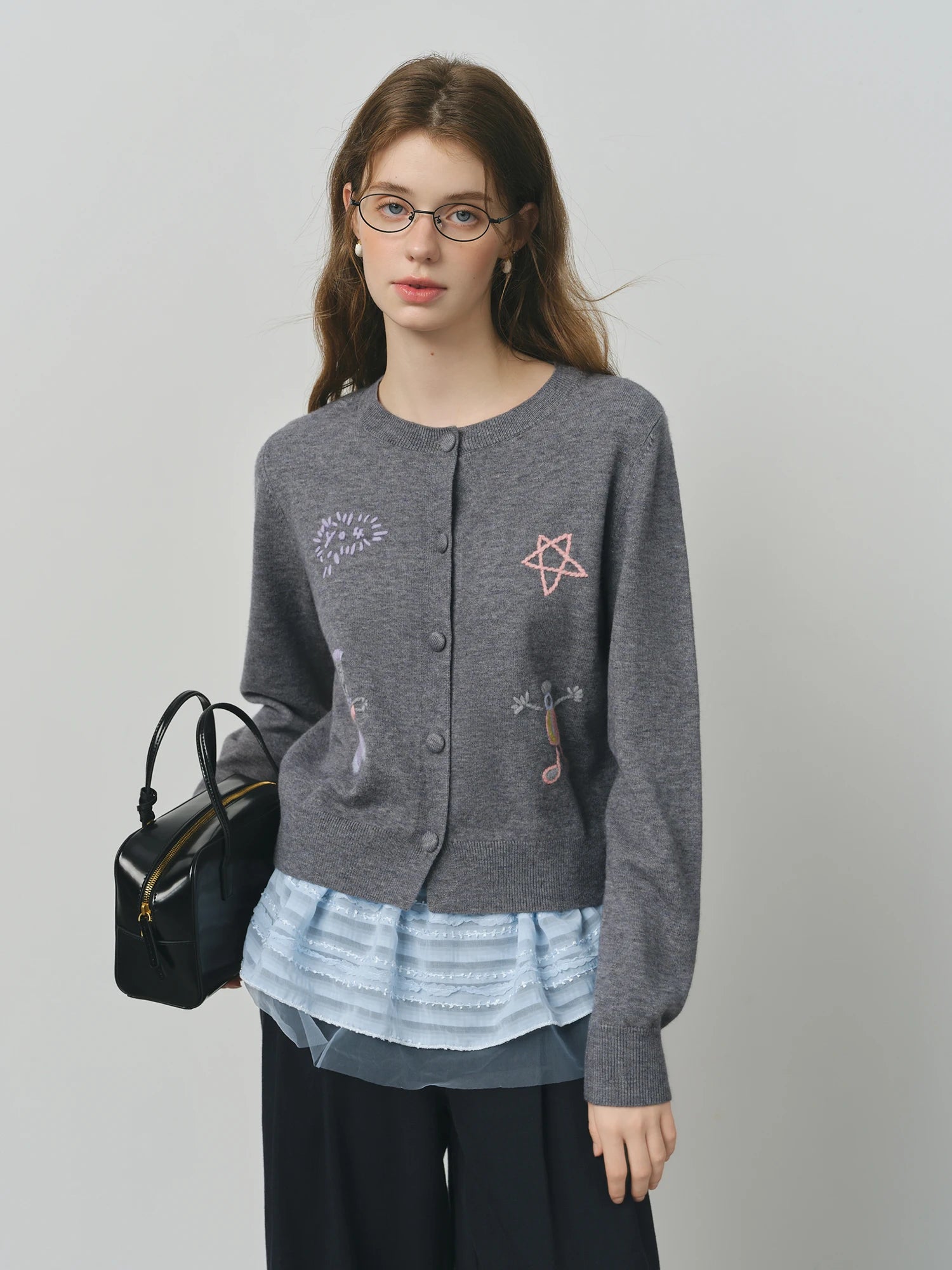 FSLE Embroidered Cute Long Sleeves Chic Cardigan Sweater for Women 2025 Autumn New Arrival Style Warm Cardigan