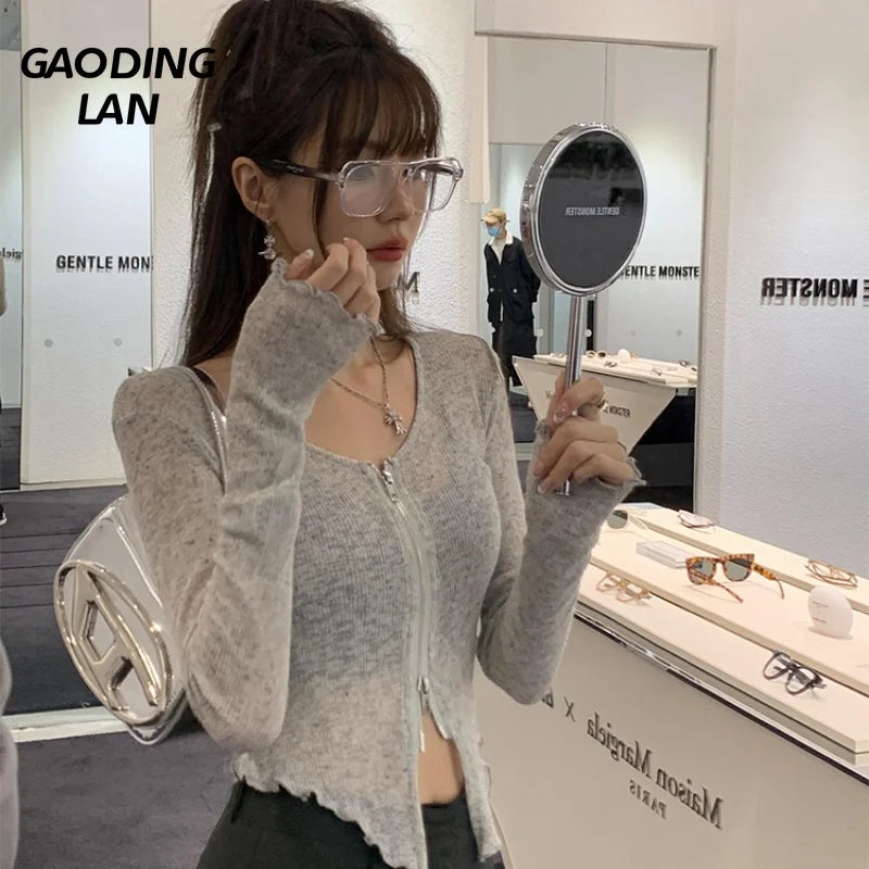 Long Sleeve Women Sunscreen Cardigan Summer Versatile Solid Color Thin Knitted Outwear Double Zipper Slightly Transparent Coats