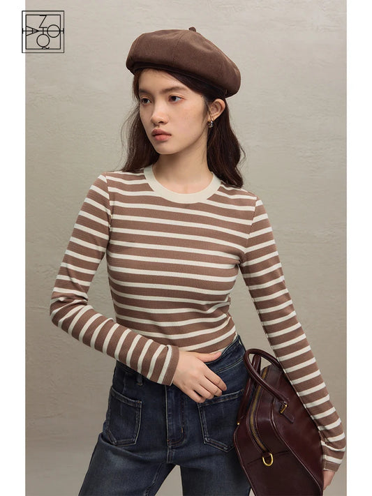 ZIQIAO Contrast Striped Long Sleeved Knitted T-shirt For Women's Autumn Winter 2023 New Slim Fitting Bottom Top Casual Loose