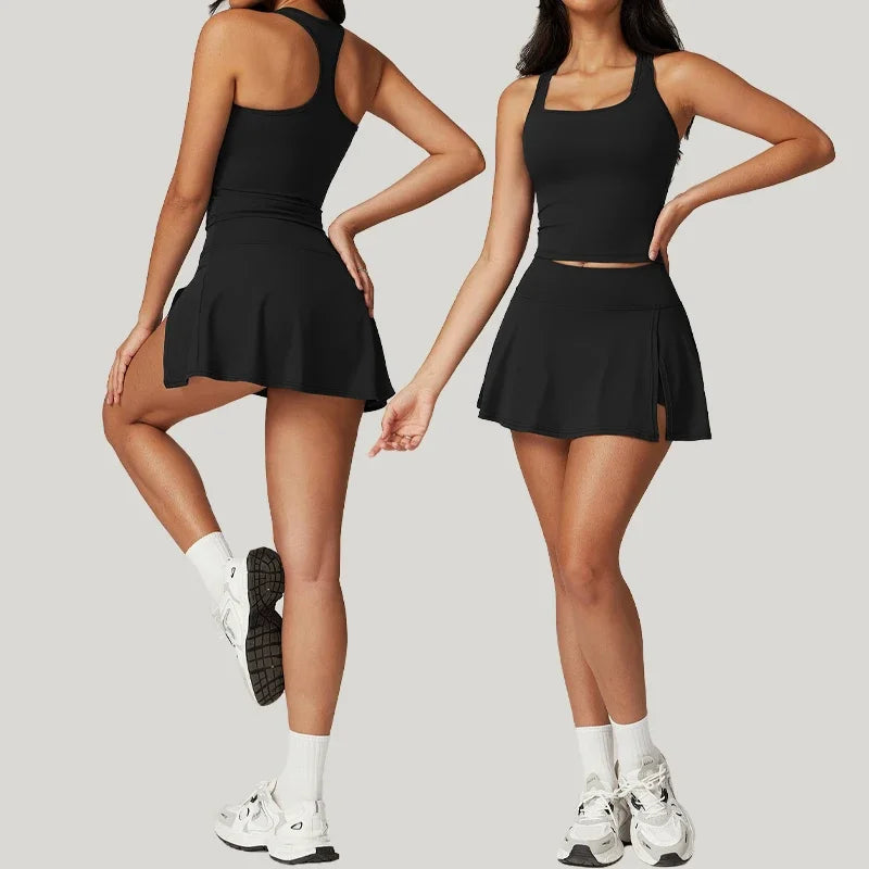 Tight Tennis Skirt Set Yoga Clothing Anti-Shine Bottom Pants Set Quick Dry High Waisted Hip Lifting Running Fitness Exercise Set