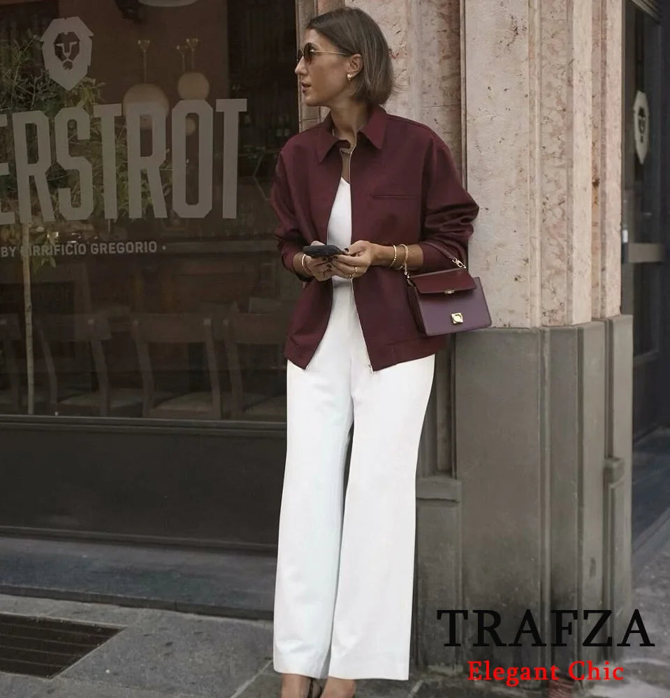 TRAFZA-Women Vintage Loose Zipper Jacket Lapel Burgundy Color Jacket New 2024 Autumn Fashion Versatile Street Outwear Jacket