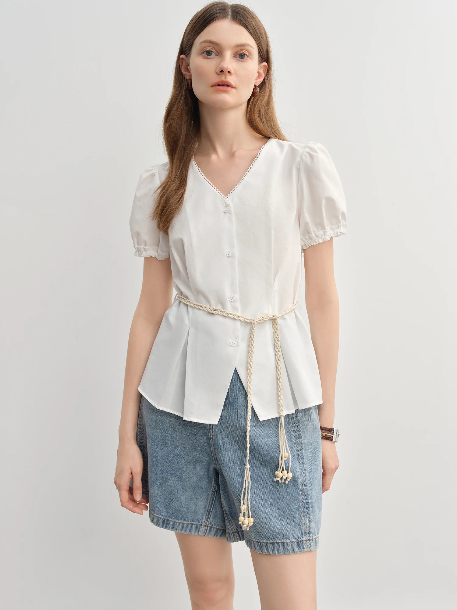 DUSHU Summer 2025 Women's V-Neck Blouse - Textured Pleats Accented Waist Relaxed Fit Resort Top