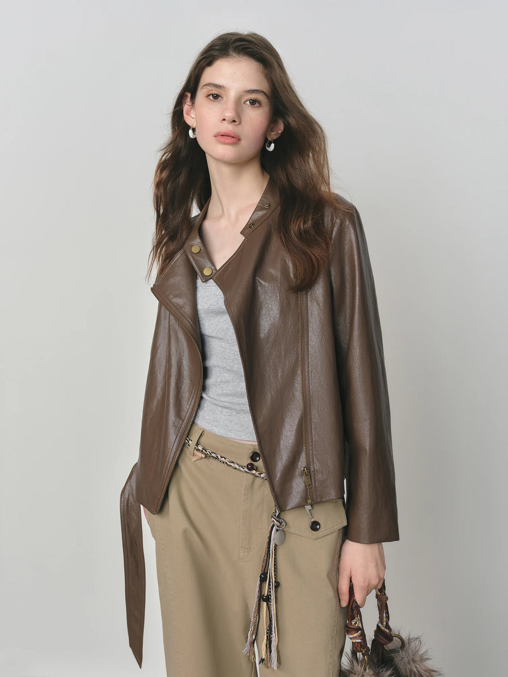 FSLE Maillard Dark Brown Short PU Leather Jacket for Women Autumn 2025 New Arrival Style Casual Slim Chic Coat Y2K