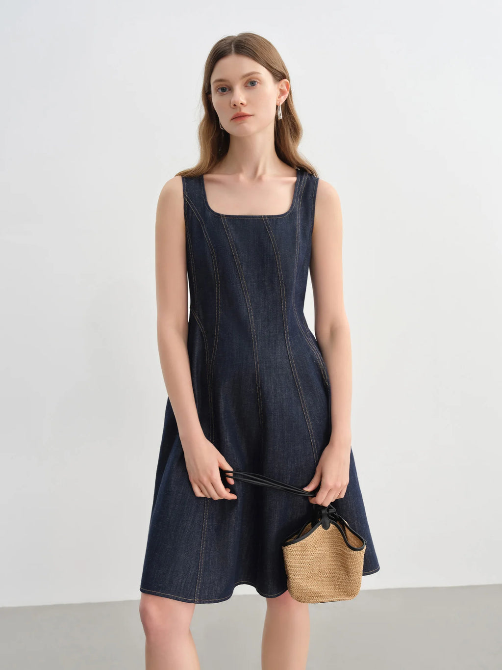 DUSHU Plus Size Denim Dress Women Summer Lyocell Tencel Breathable Slim Vest Dress Line Carved Dress
