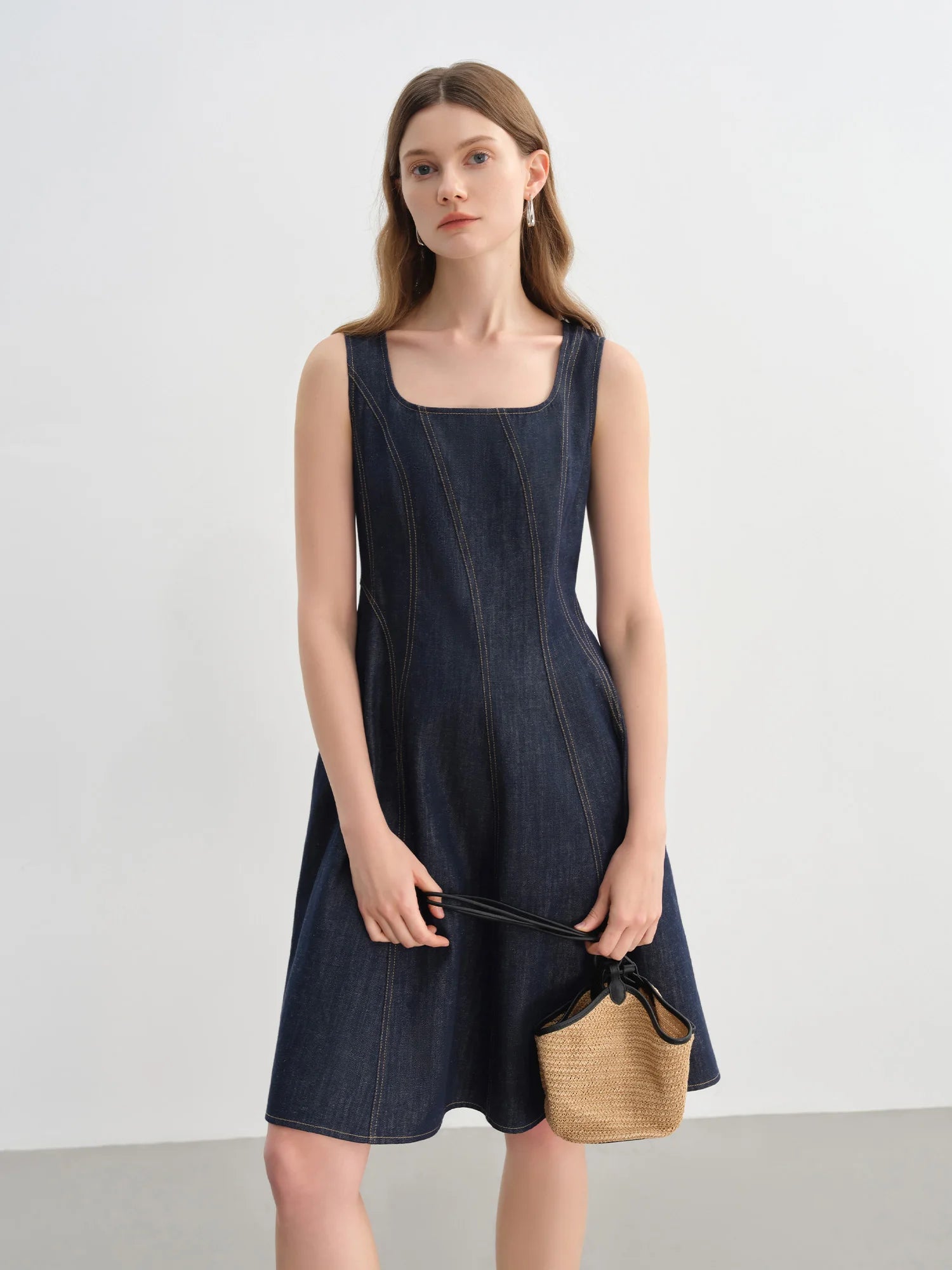 DUSHU Plus Size Denim Dress Women Summer Lyocell Tencel Breathable Slim Vest Dress Line Carved Dress