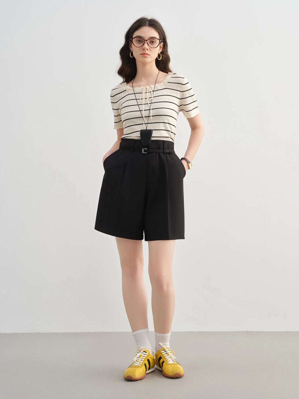 DUSHU Plus-Size Women T-Shirt - Elegant Simple Striped Cut-Out Knit 2025 Summer Collection Nautical Style Pullover