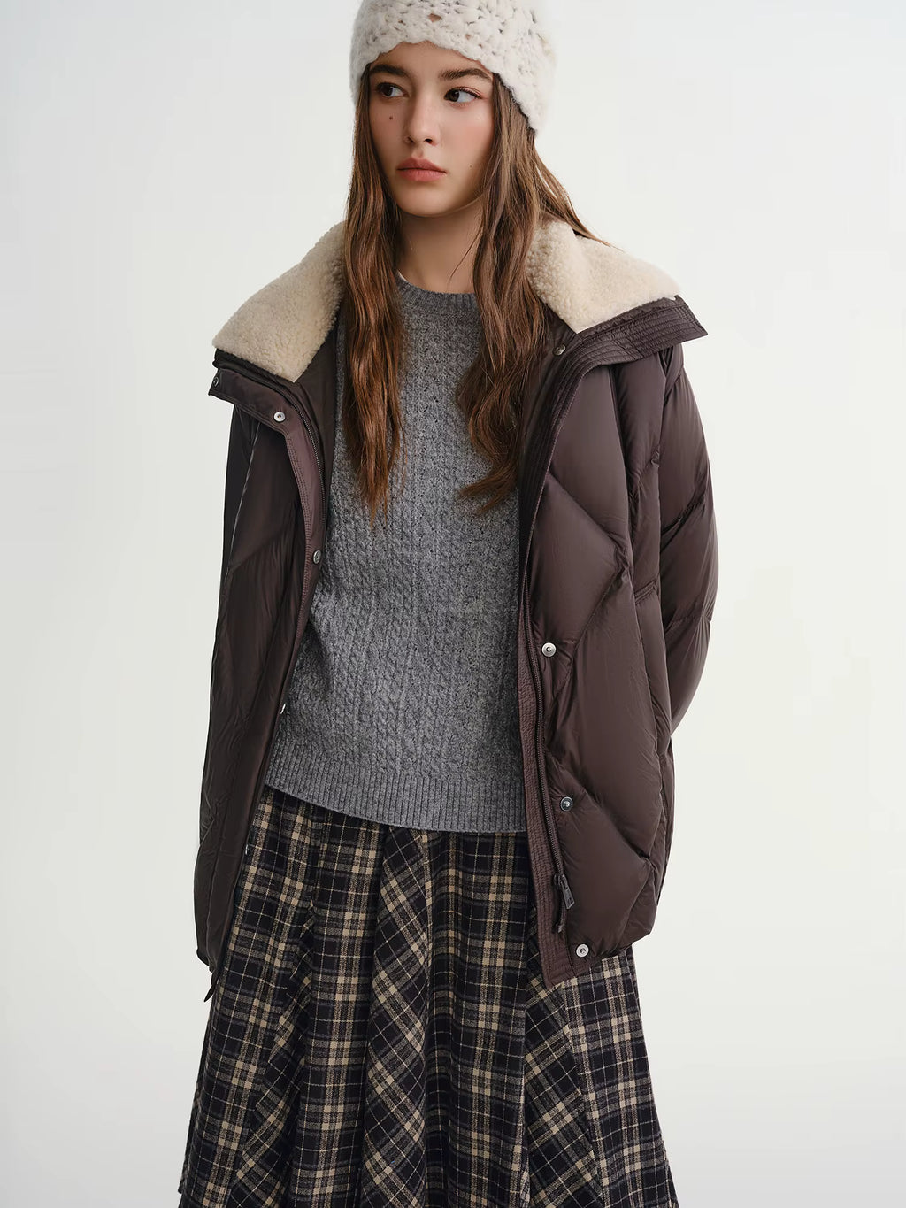 Furry Lapel Quilted White Duck Down Coats Women Casual Daily Retro Simple Loose Short Warm Coat Contrast Color Girlish BF