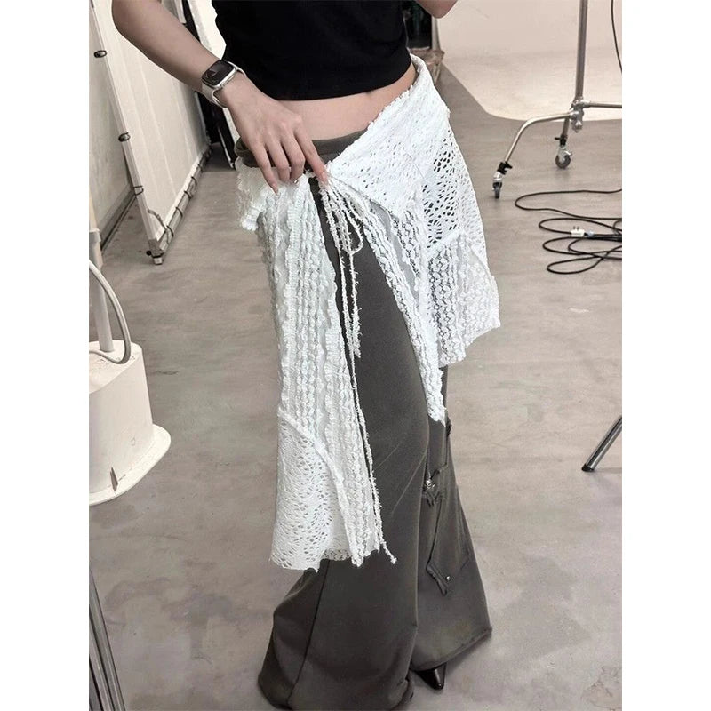 MEXZT Y2K Irregular Mini Skirts Women Harajuku Aesthetic White Lace Tulle Bandage Skirt Japanese Vintage Hollow Out Faldas New