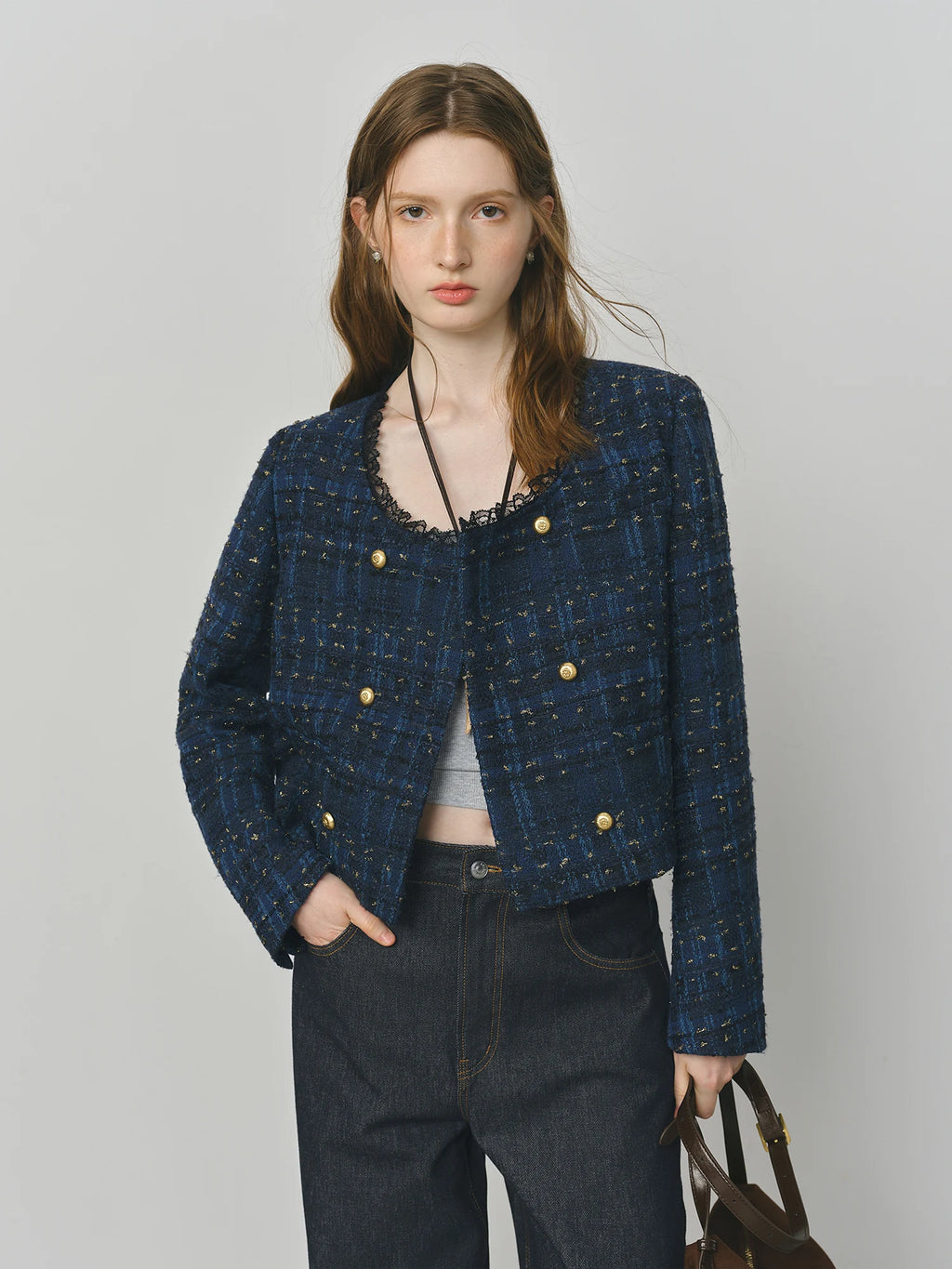 Cropped Jacket for Women 2025 Autumn New Exquisite Lace Stitching Long Sleeve Coats Top