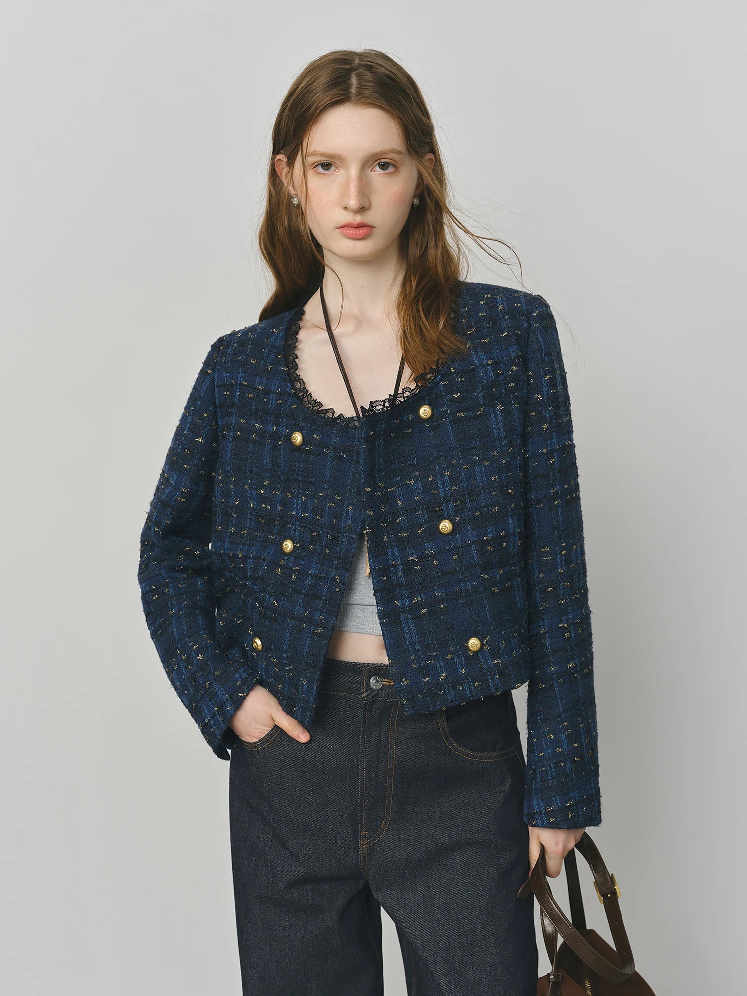 Cropped Jacket for Women 2025 Autumn New Exquisite Lace Stitching Long Sleeve Coats Top