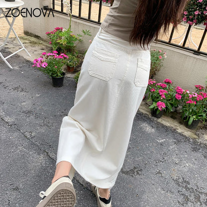 ZOENOVA Fashion Ladies Casual Versatile High Waist A-line Midi Skirt 2024 Spring Summer Solid Color Soft Simple Slit Denim Skirt