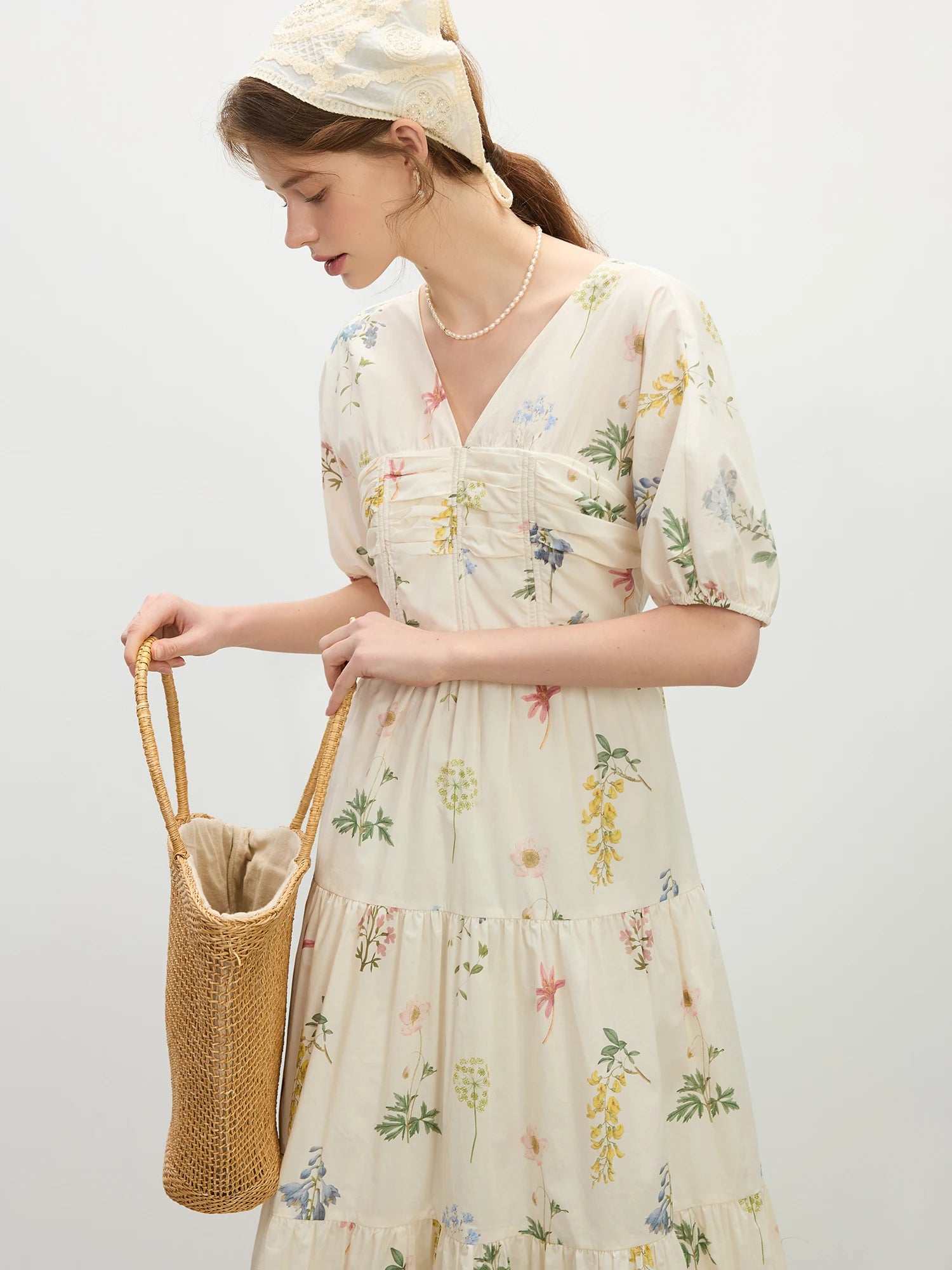FSLE Holiday Season Pastoral Style Flower Print V-neck Dress Female 2025 Summer New Country Concert Outfits Dress