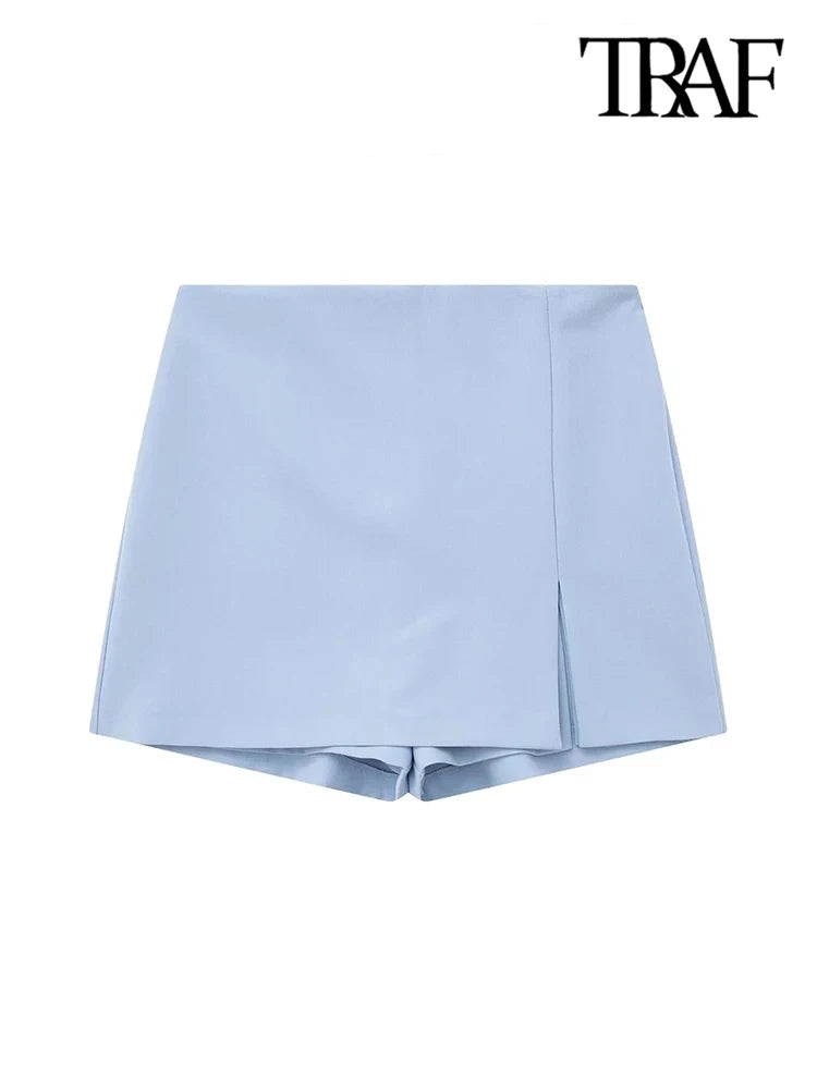 TRAF-Women's Front Slit Shorts Skirts With Side Zipper, High Waist, Female Skort,Fashion