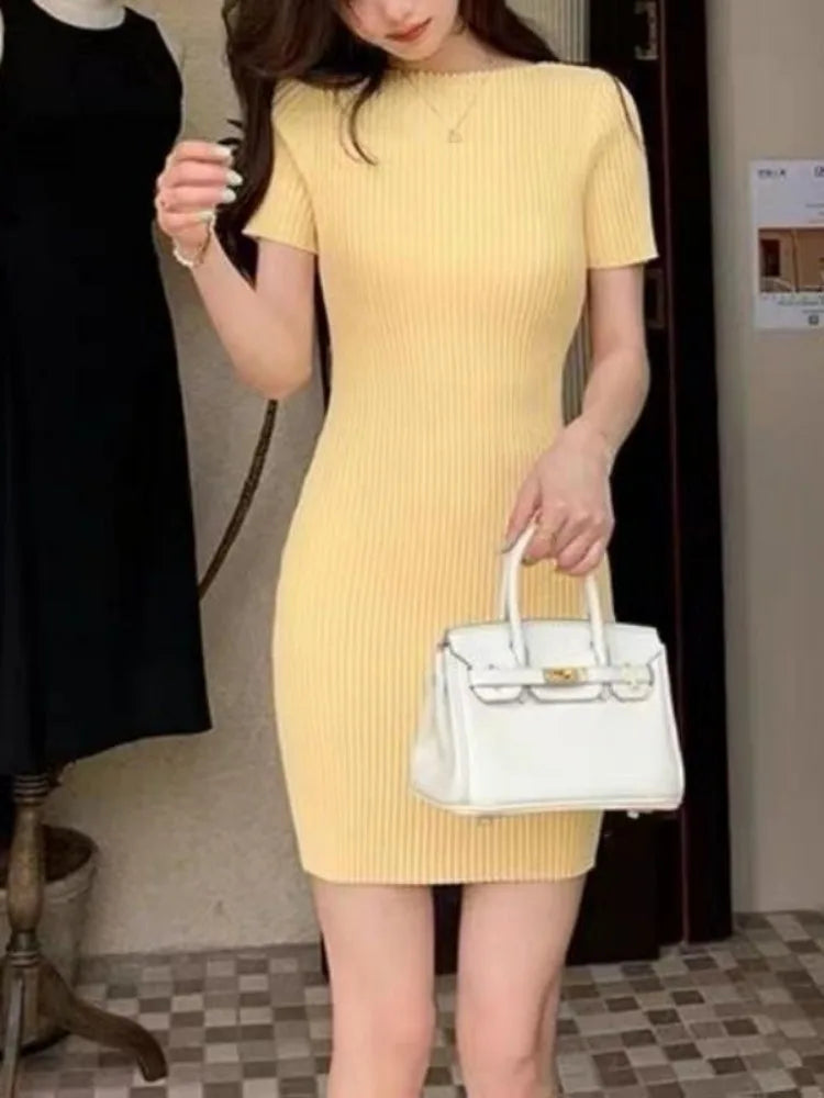 Korean Sweet Woman Dress 2024 Vestidos De Mujer Short Sleeve O-neck Tunic Solid Robe Femme Fashion Knitted Bodycon Mini Dresses
