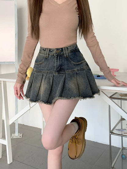 Women's Summer Cute Denim Short Skirt High Waist Burr Edge Spliced Casual A-line Harajuku Korean Style Y2K Mini Pleated Skirt