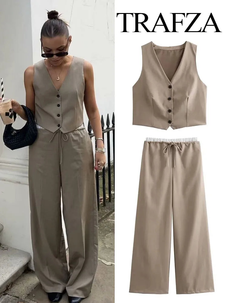 Chic Set Solid V-Neck Sleeveless Single-Breasted Waistcoat+High Waist Elastic Waist Pockets Drawstring Long Pant
