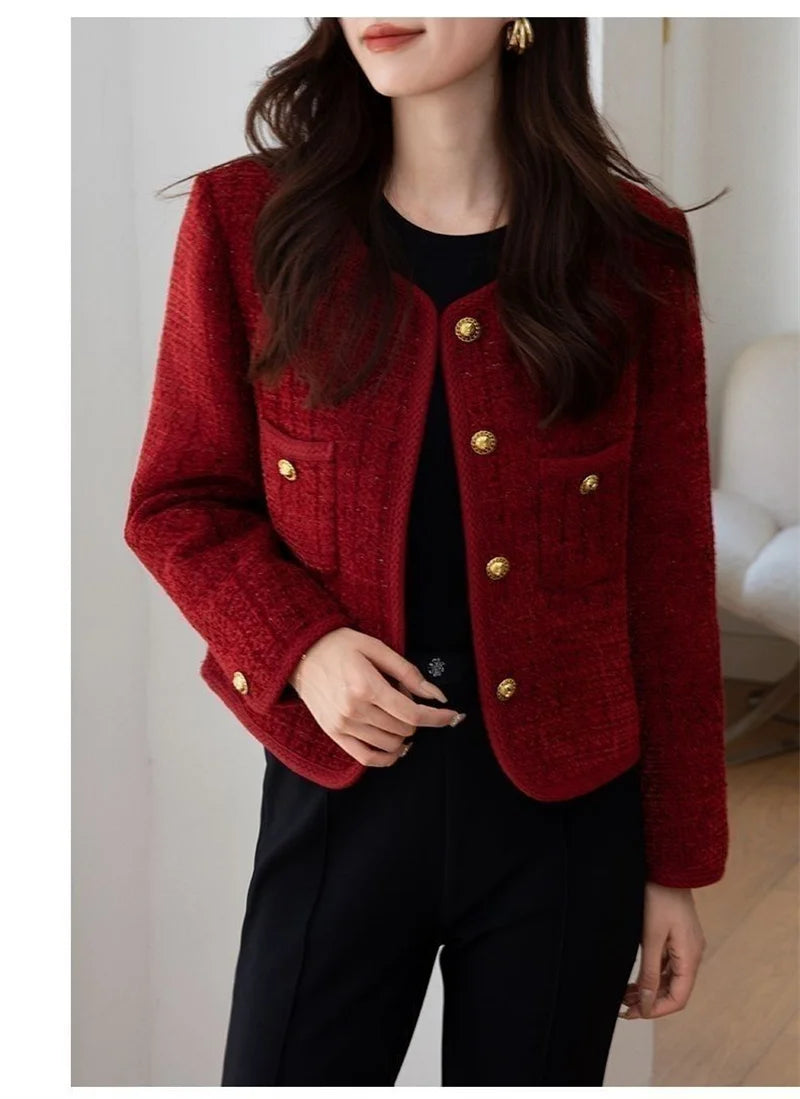 Outerwears Women's Jacket  Women's Jackets New Burgundy Coat Women's Spring and Autumn Temperament Joker Socialite Tweed Coat