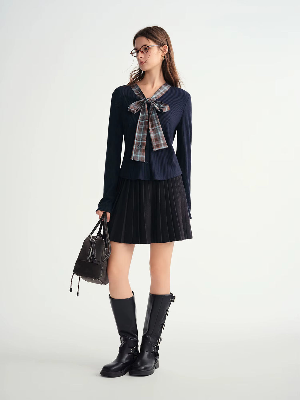 Autumn Winter 2025 Women's Plaid Mock Layer Knit Cardigan - Tartan Print Tie Collar Casual Coatigan Versatile Top