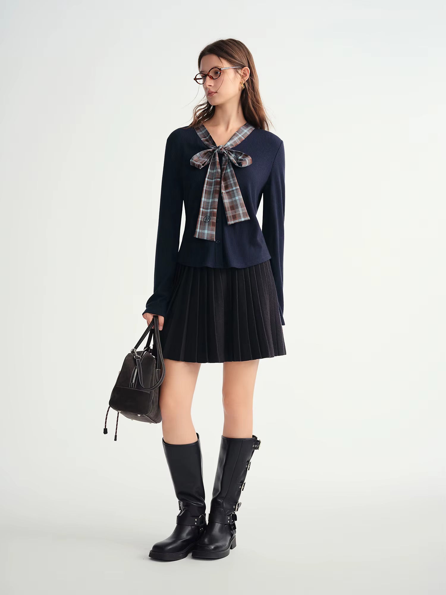 Autumn Winter 2025 Women's Plaid Mock Layer Knit Cardigan - Tartan Print Tie Collar Casual Coatigan Versatile Top