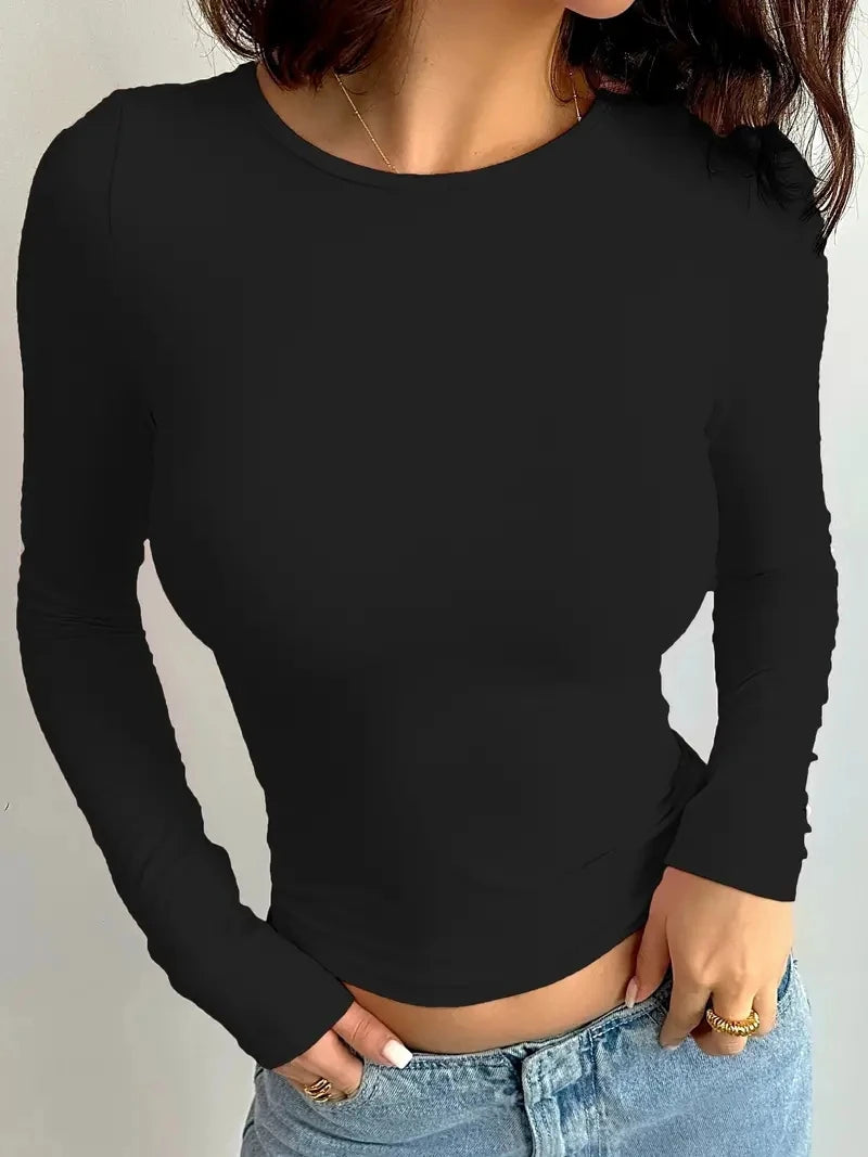 2024 Summer Solid Crew Neck T-Shirt, Casual Long Sleeve Top For Spring & Fall,Women's Clothing