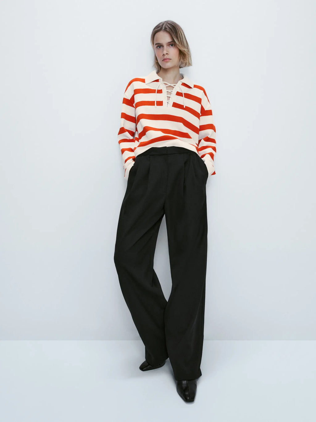 Ethereal MD 2024  new style of Women's casual Slim temperament lace-up design all matching Polo stripe knitwear