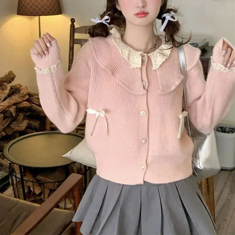 Sweet Doll Collar Lace Spliced Sweaters Autumn Winter New Fashion Bow Women's Clothing Long Sleeve Casual Loose Knitted Cardigan