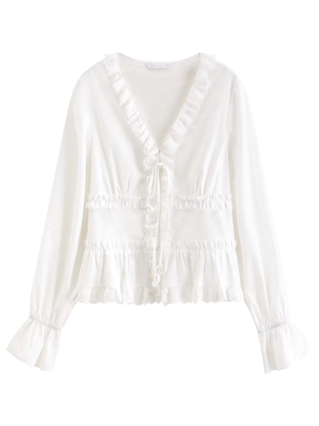 Wood Ear Edge Trim V-Neck Floral Hemline Long-Sleeve Blouse for Women Spring 2026 New Arrival Retro Cotton White Shirts